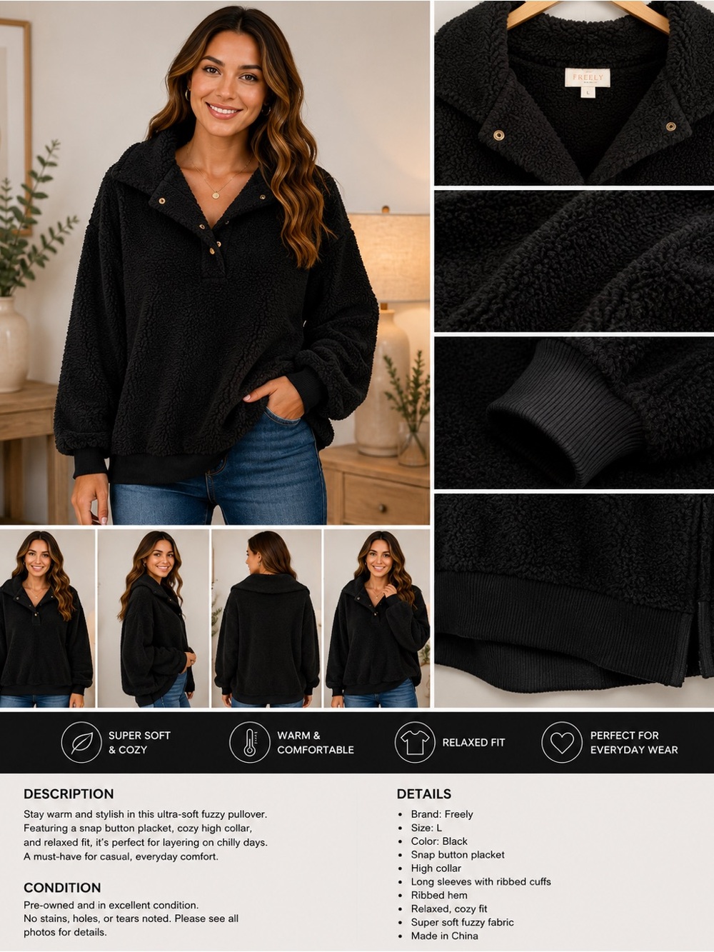 Freely Black Fuzzy Pullover Hoodie - Cozy Snap Button Placket